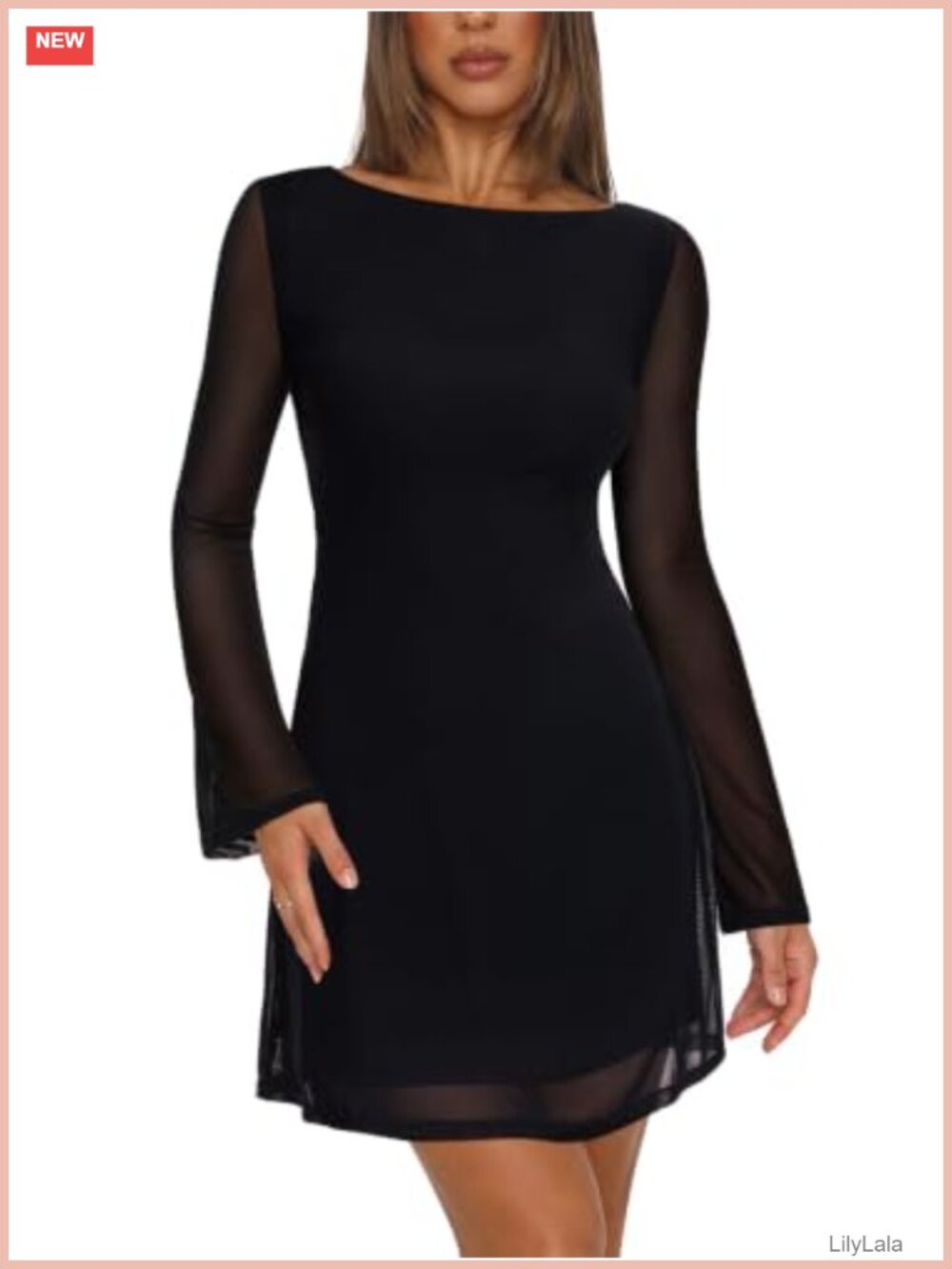 Mesh Bell Long Sleeve Mini Dress Boat Neck Formal Party